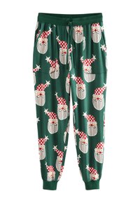 Zelené pyžamové nohavice s opakujúcim sa vzorom tvárí Santa Clausa s červenými kockovanými klobúkmi a bielymi bradami, vyrobené z mäkkej tkaniny s elastickými manžetami.