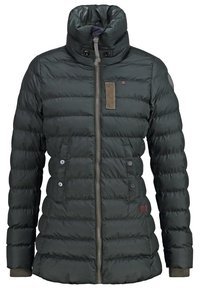 Ciemnozielona ocieplana zimowa kurtka z wysokim kołnierzem, zamkiem błyskawicznym z przodu, dwoma bocznymi kieszeniami na guziki oraz ściągaczami na mankietach.