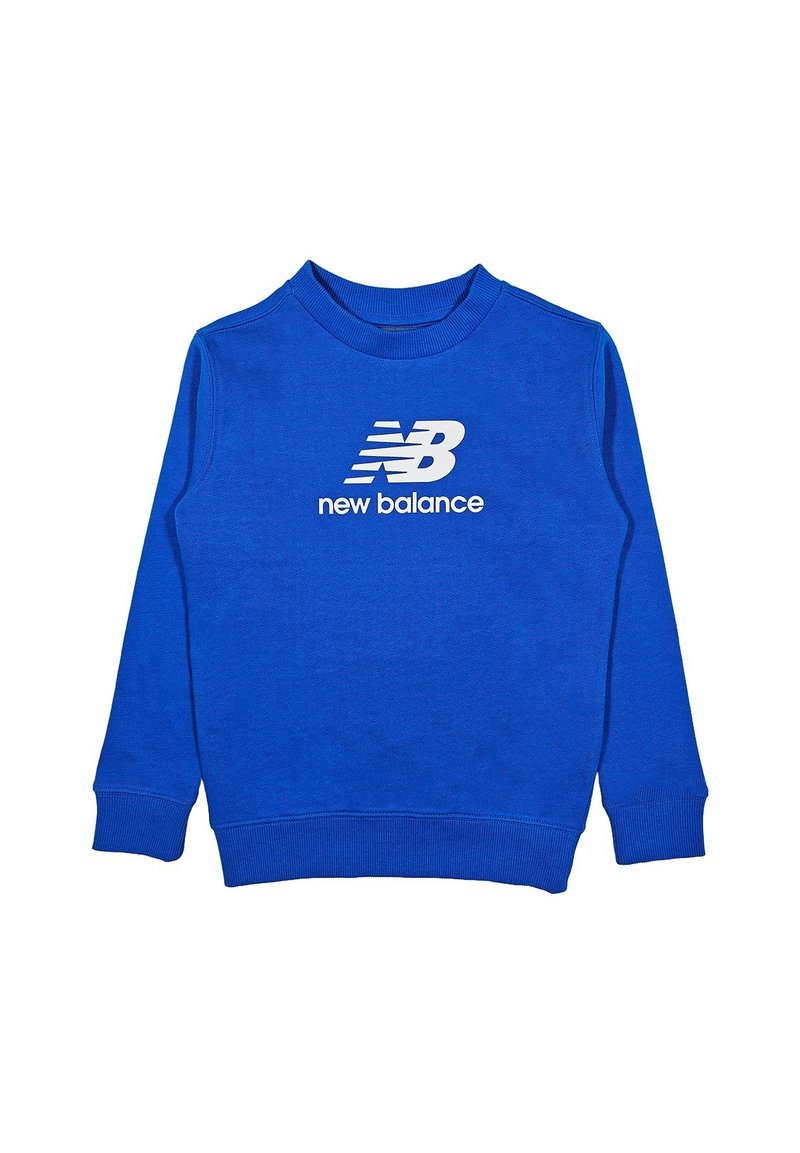 Felpa blu realizzata in misto cotone, con collo a giro, polsini a costine e logo bianco "New Balance" sul davanti.