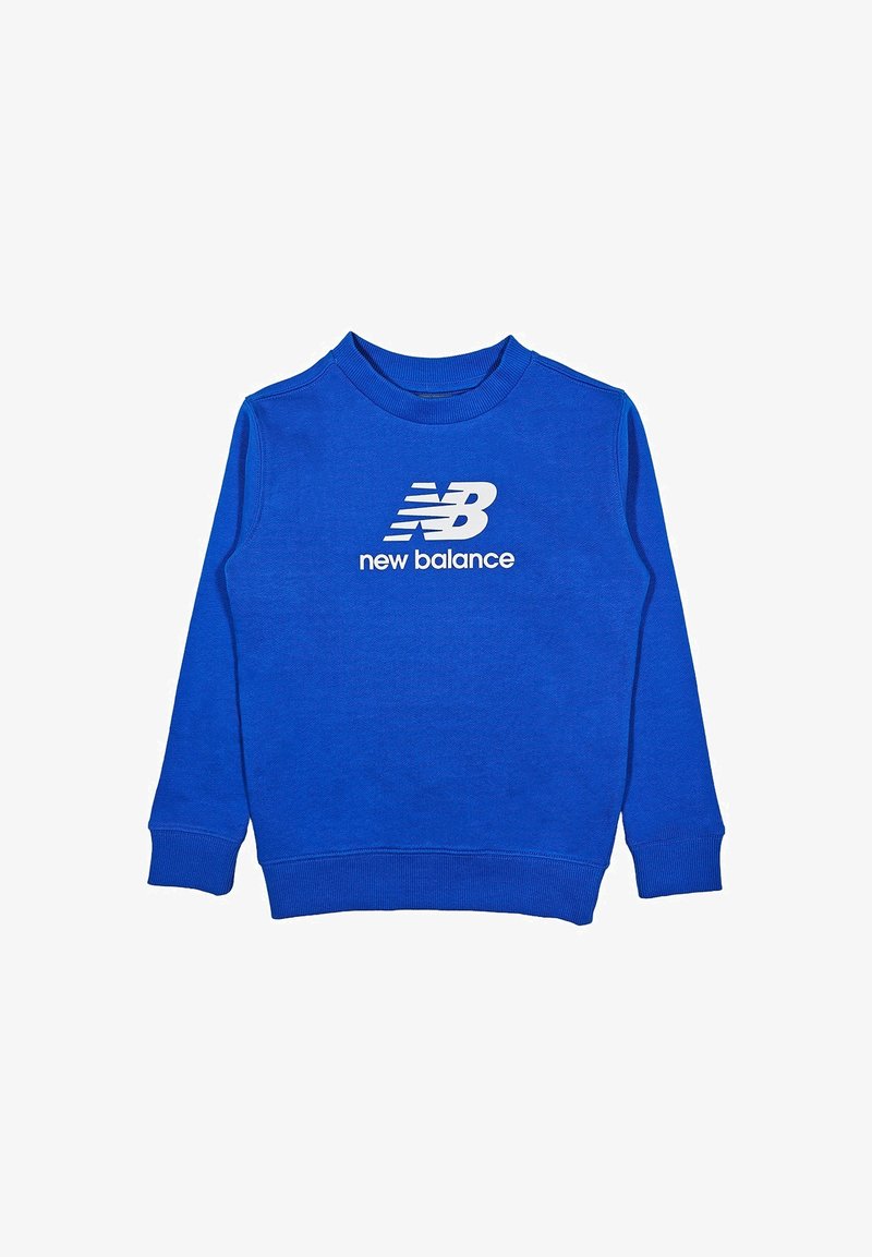 Felpa blu realizzata in misto cotone, con collo a giro, polsini a costine e logo bianco "New Balance" sul davanti.