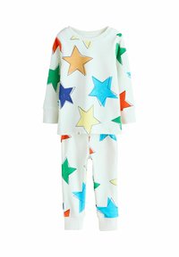 Zweiteiliges Kinder-Schlafanzug-Set aus weichem Stoff, mit einem weißen Hintergrund und bunten Sternmustern in Orange, Blau, Grün und Gelb.