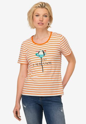 Gestreiftes T-Shirt in Orange- und Cremefarben, mit einem runden Ausschnitt und einem grafischen Druck einer Blume mit dem Text "LAURASON" in der Mitte.