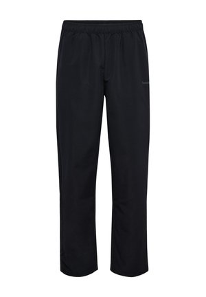 Schwarze Hose mit geradem Bein und elastischem Bund, aus leichtem Stoff, auf weißem Hintergrund gezeigt.