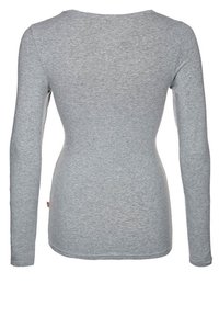 Long-sleeve grey t-shirt made of soft cotton blend, features a rounded neckline and a slim fit, with a small brand tag at the hem.