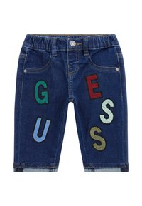 Shorts in denim di colore blu scuro con elastico a coste in vita, caratterizzati da lettere ricamate multicolori che formano la scritta "GUESS" sul davanti.