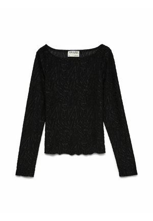 Svart topp med lange ermer, subtilt zebramønster, rund hals og skåldet kant, merket "AWARE" ved kragen.