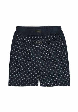 Dos pares de bóxers para hombre azul marino, uno liso y otro con pequeños patrones florales blancos, ambos con cintura elástica y botones delanteros.
