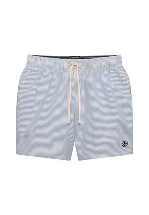 Blå og hvide tynde stribede shorts med snøre, sidelommer og et lille sort emblem på det nederste højre ben.