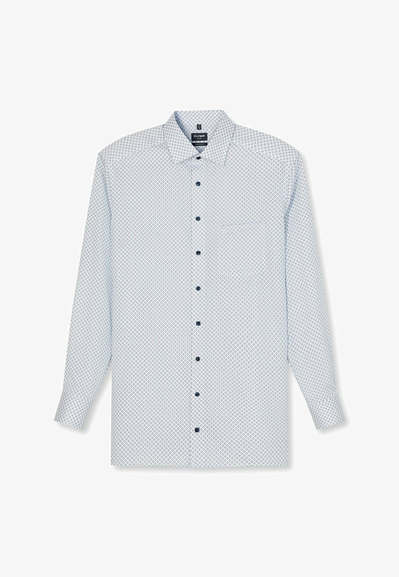 Weißes Langarmhemd mit geometrischem blauen Muster, Knopfverschluss und drei dunkelblauen Knöpfen auf der Vorderseite.