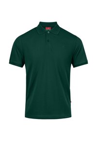 Tmavě zelené polo triko vyrobené z bavlny. Obsahuje límeček, dva knoflíky, krátké rukávy a diskrétní logo embosované na prsou.