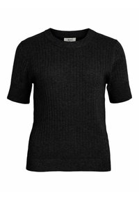Sort, kortærmet sweater lavet af ribbet stof; har en rund halsudskæring og en tætsiddende pasform, der giver et struktureret udseende.