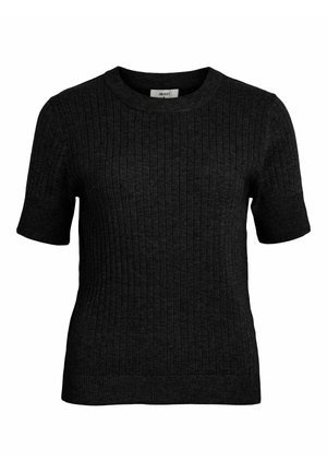 Melnas, īsām piedurknēm adītas blūzes, kas izgatavota no ribotām auduma šķiedrām; tai ir apaļa kakla izgriezums un pieguļošs dizains, nodrošinot teksturētu izskatu.