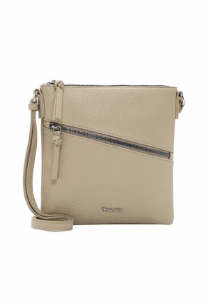 Beige leather crossbody bag with textured surface, front zip pocket, adjustable strap, and brand logo at the bottom.