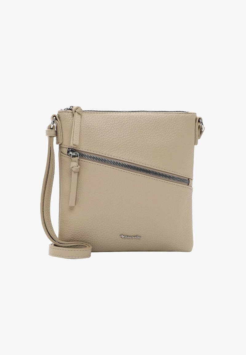 Beige kožená kabelka přes rameno s texturovaným povrchem, přední kapsou na zip, nastavitelním popruhem a logem značky na spodní části.