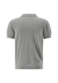 Graues Poloshirt mit kurzen Ärmeln, aus weichem Material gefertigt, mit umgeschlagenem Kragen und gerippten Bündchen, locker geschnitten und mit einer klaren Gestaltung.