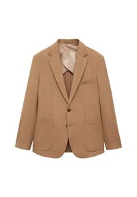 Smešani smeđi vuneni sako s reverima, dva velika prednja džepa, zatvaranje na dva dugmeta i glatka podstava.