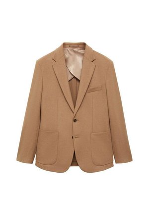 Brown wool blend blazer featuring a notched lapel, two large front pockets, two-button closure, and a smooth lining.