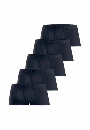 Five black men's boxer briefs stacked diagonally, each with a small black waistband label.