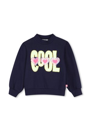 Sudadera de manga larga azul marino con la palabra "COOL" en letras grandes amarillas y tres corazones rosa con lentejuelas en el pecho.