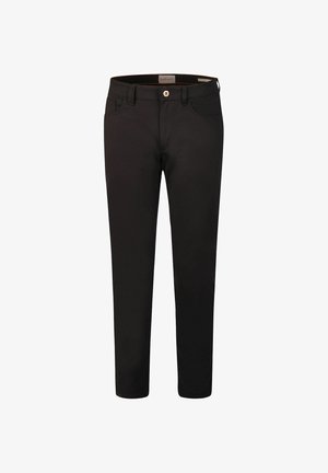 Czarne spodnie o prostych nogawkach z szlufkami na pasek, zapięciem na guziki i przednimi kieszeniami, pokazane na białym tle.