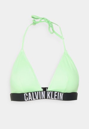 Grüner, dreieckiger Bikini-Oberteil aus glattem Stoff, mit einem schwarzen Band mit weißer "CALVIN KLEIN" Schrift und verstellbaren Bändern.