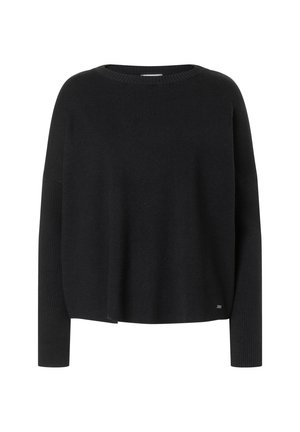 Black long-sleeve crewneck knit sweater with ribbed sleeves and a small metal logo tag at the lower hem on a plain background.