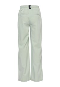 Lichtgroene, wijduitlopende broek met een elastische tailleband, voorzien van twee achterzakken en gestikte details. Gladde textuur met een comfortabele pasvorm.