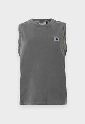 Ujjatlan sötétszürke Carhartt pamut trikó kerek nyakkivágással és kis négyzet alakú logófolttal a bal mellkason.