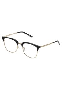 Ochelari negri și aurii cu o formă rectangulară, ramă din metal și laterale subțiri. Include lentile clare și pernițe pentru nas ajustabile.