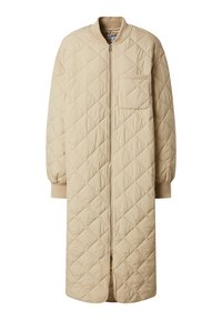 Beige gesteppter langer Mantel mit Reißverschluss, gerippten Bündchen und Fronttasche. Verfügt über ein Rautenmuster und besteht aus leichtem, synthetischem Material.
