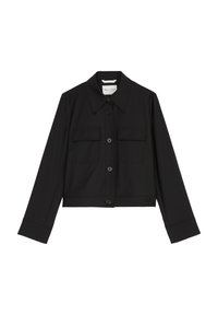 Zwarte cropped jas met een kraag, twee voorzakken, knoopsluiting en lange mouwen. Gemaakt van gladde stof.