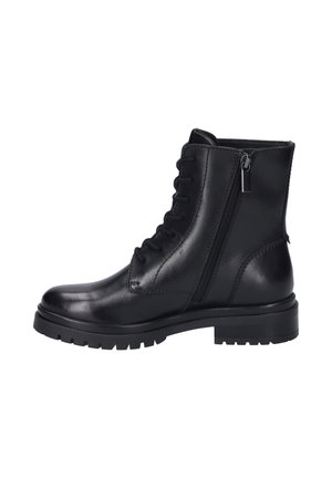 Bottes noires en cuir à la cheville avec un embout rond, un laçage sur le devant, une fermeture éclair sur le côté, une surface texturée et une semelle robuste pour une meilleure adhérence.