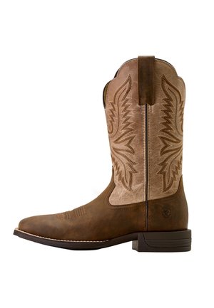 Stivale da cowboy in pelle marrone con motivo a ali ricamato in una tonalità più chiara, punta appuntita e tacco impilato. Dotato di linguette per facilitare la calzata.