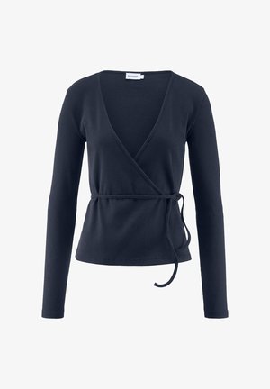 Marineblaues Wickeltop mit langen Ärmeln, gerippter Textur, V-Ausschnitt und einem Bindegürtel in der Taille. Schlichtes Design für vielseitigen Tragekomfort.