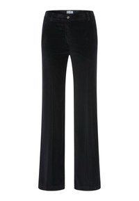 Pantaloni in corduroy neri con una vestibilità a gamba larga. Presentano una chiusura con bottone frontale e tasche laterali. Texture morbida e finitura liscia.
