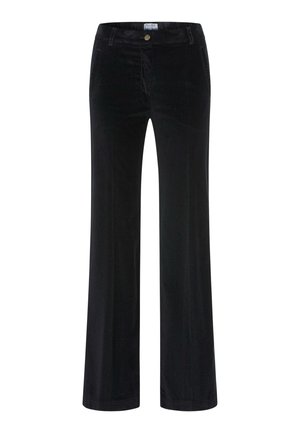 Zwarte corduroy broek met een wijde pasvorm. Voorzien van een sluiting met een knoop aan de voorkant en zijzakken. Zachte textuur en een gladde afwerking.