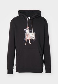 Black hoodie featuring a front graphic of a character holding a sword, with a large text logo below. Drawstrings and a kangaroo pocket included.