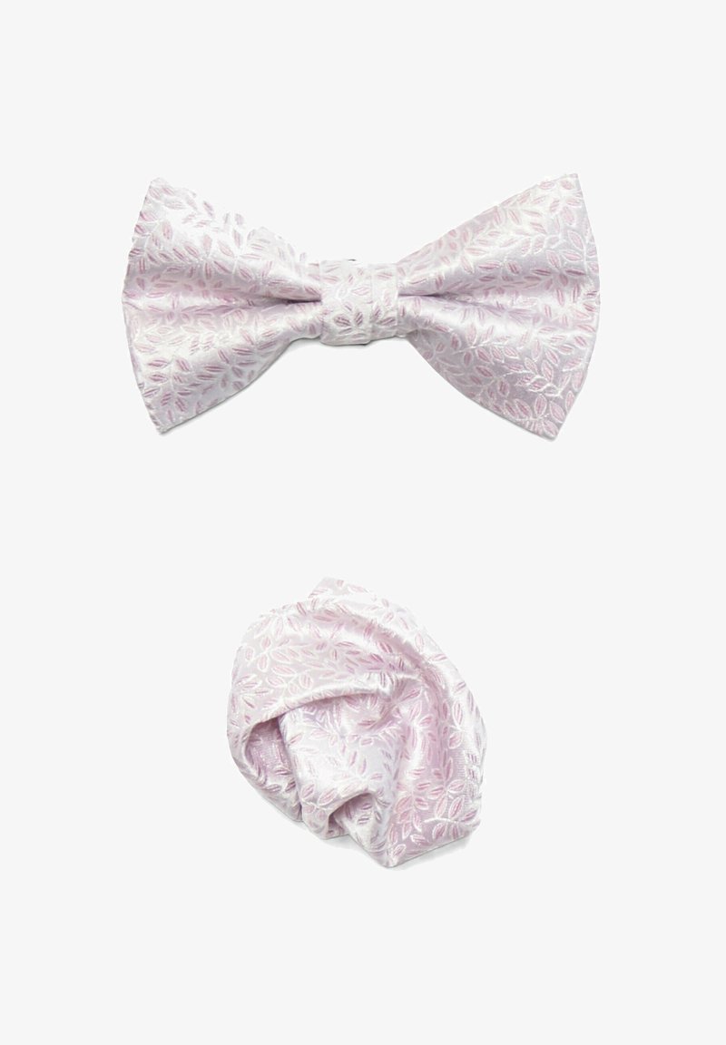 Texturierter Seidenfliegen und passendes Einstecktuch in Hellrosa mit dezentem Blattmuster, beide mit einer glatten, glänzenden Oberfläche.