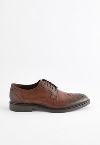 Brown leather dress shoe with a rounded toe, brogue detailing, and lace-up design. The sole is flat with a subtle contrast in color.
