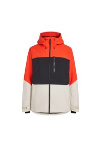 Chaqueta con bloques de color que presenta secciones en naranja, azul marino y crema. Fabricada con material duradero, con cremallera en la parte frontal y capucha ajustable.