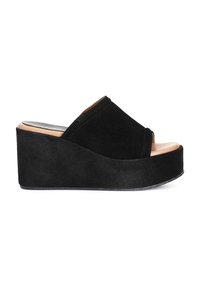 Sandali con zeppa in suede nero, con design open toe, muniti di soletta imbottita e una piattaforma testurizzata solida per maggiore stabilità.