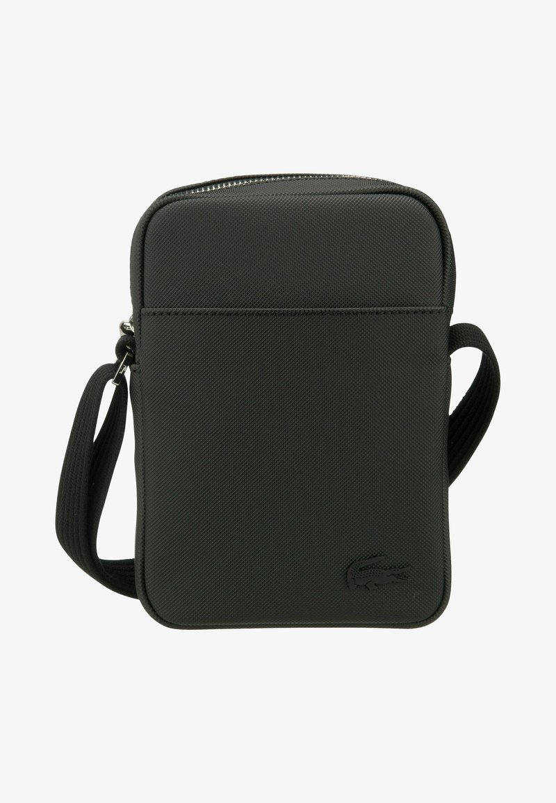 Black synthetic messenger bag with a sleek rectangular shape, zip closure, adjustable strap, and embossed logo on the front.