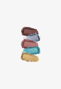Five smudged eyeshadow shades stacked vertically: dark mauve, metallic silver, dusty rose, bright turquoise, and shimmery gold on white background.