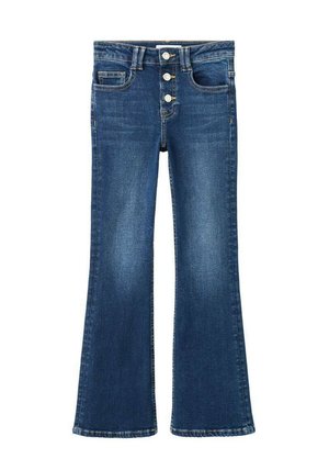 Rozšířené džíny z tmavě modrého denimu s vysokým pasem. Mají pět knoflíků na zapínání, dvě přední kapsy a prošití na švech.