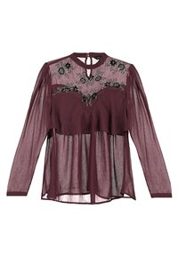 Blouse bordeaux avec manches longues en tissu transparent, détails brodés sur le buste et une encolure fendillée. Tissu doux et léger avec un design à couches.