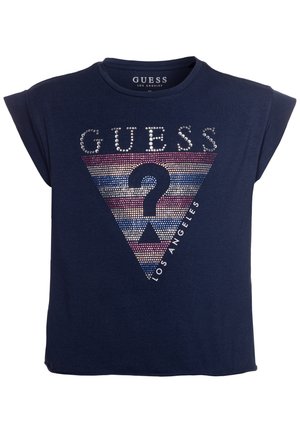 Mørkeblå ærmeløs top med GUESS-logo og flerfarvet rhinsten-trekant med et sort spørgsmålstegn og teksten "Los Angeles".