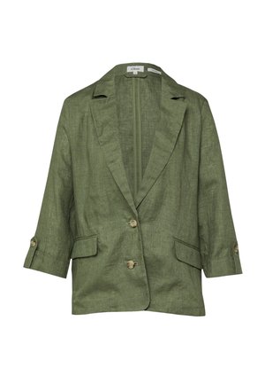 Blazer in lino verde oliva con rever a lancia, due bottoni, tasche frontali a patta e maniche 3/4 con patte con bottoni.