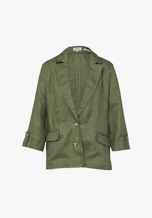 Blazer in lino verde oliva con rever a lancia, due bottoni, tasche frontali a patta e maniche 3/4 con patte con bottoni.