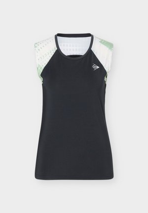Haut de sport noir sans manches avec des panneaux aux épaules à motifs verts clairs et blancs, col rond, et petit logo de la marque blanc sur la poitrine.