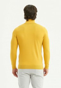 Homme aux cheveux bruns de longueur moyenne portant un pull à col roulé jaune ajusté et un pantalon gris clair, vu de dos.